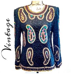 LAURENCE KAZAR Vintage long sleeve Black Gold Multicolor Paisley Beaded Top SZ M